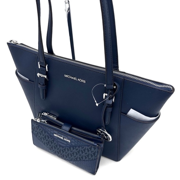 Michael Kors Large Charlotte Tote Bag & LG Double Zip Wallet Luggage Navy Blue - Picture 10 of 15